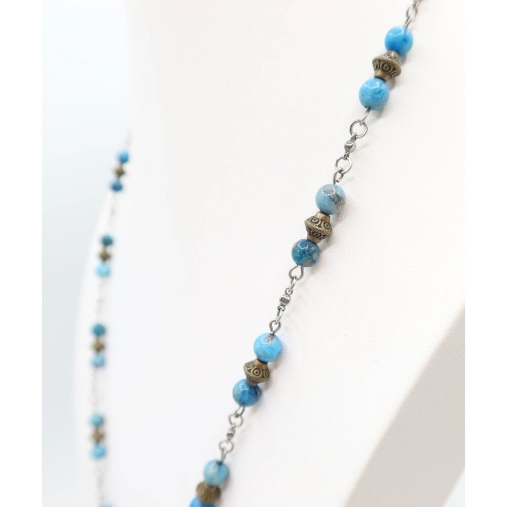 Flying Owl Silver Tone Beaded Pendant Necklace Faux Turquoise Station Boho - Picture 4 of 7